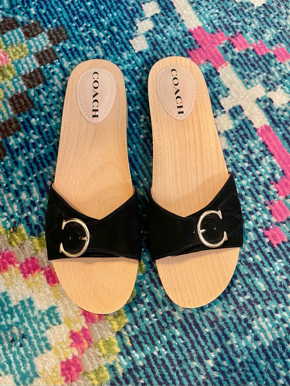 Coach Bleeker Wooden Black Suede Slide Sandals Women’s 9
